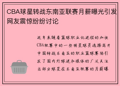 CBA球星转战东南亚联赛月薪曝光引发网友震惊纷纷讨论