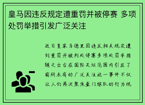 皇马因违反规定遭重罚并被停赛 多项处罚举措引发广泛关注